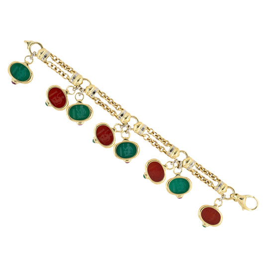Estate Italian Carved Green Onyx & Carnelian Bracelet with Rubies & Emeralds