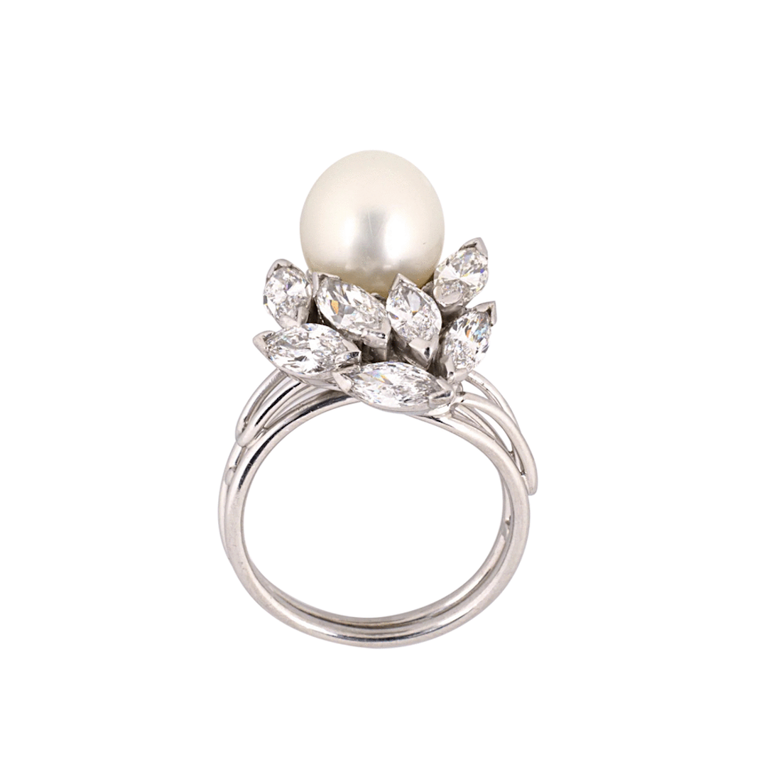 Estate Pearl & Diamond Platinum Leaf Ring