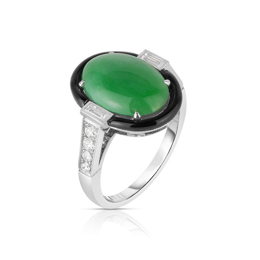 Cicada Green Jade, Diamond & Black Enamel Ring