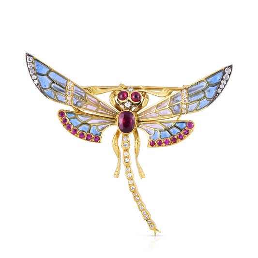 Cicada Plique-à-Jour Ruby & Diamond Dragonfly Brooch