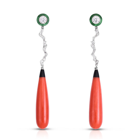 Cicada Coral, Jade & Diamond Long Drop Earrings