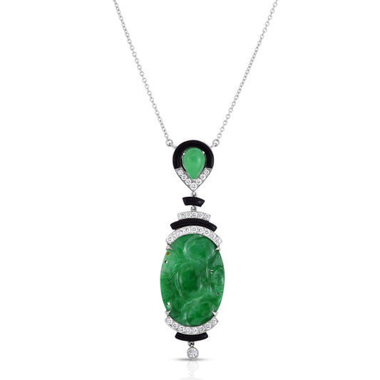 Cicada Carved Jade, Diamond & Black Enamel Pendant Necklace