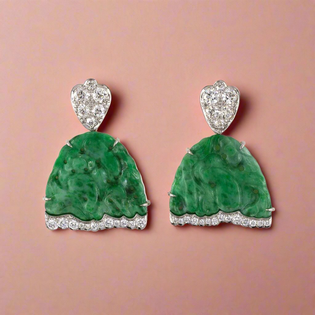 Carved Jadeite Umbrella & Diamond Dangle Drop Earrings