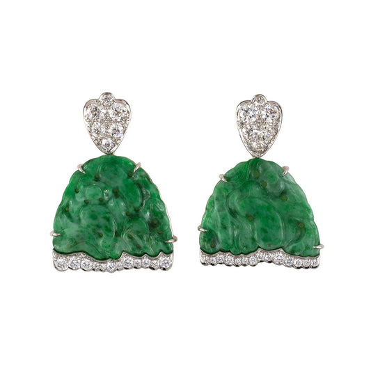 Estate Carved Jadeite Umbrella & Diamond Dangle Drop Earrings