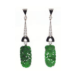 Cicada Green Jade Floral, Diamond & Black Enamel Oblong Drop Earrings