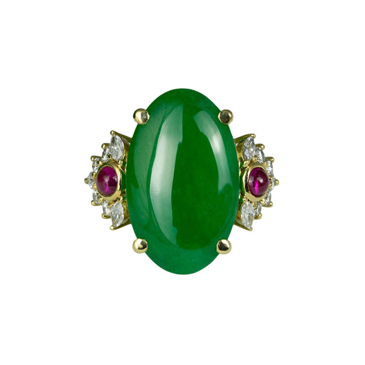 Estate Green Jadeite, Ruby & Diamond Ring