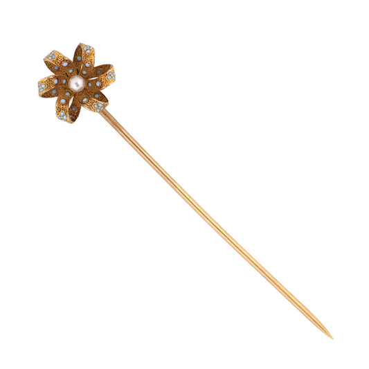 Estate Krementz Victorian Pearl & Enamel Floral Stick Pin