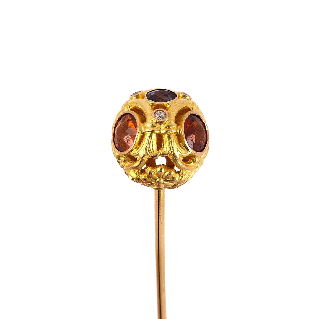 Art Nouveau Diamond, Amber & Amethyst Ball Hat Pin