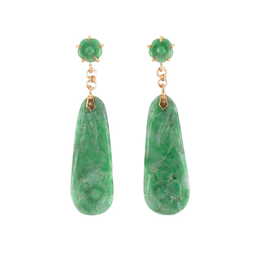 Estate Carved Green Jadeite Drop Earrings