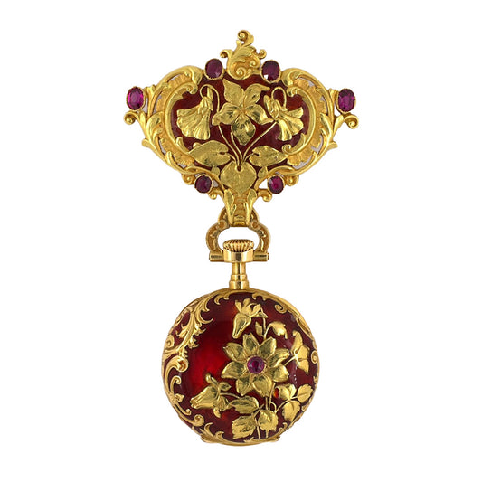 Estate Art Nouveau Ruby & Enamel Floral Watch Chatelaine Pin