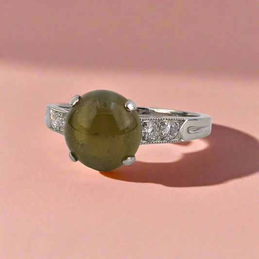 Art Deco Ceylon Cat's Eye & Diamond Engagement Ring