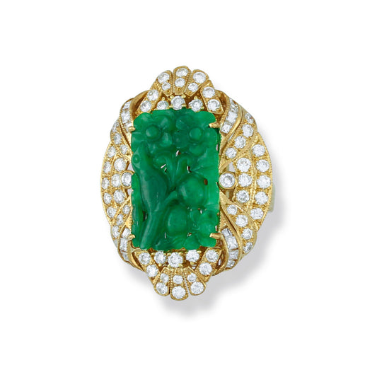Rectangular Carved Green Jade & Diamond Ring