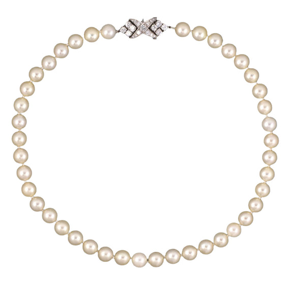 Estate 1970s White Akoya Pearl & Diamond Necklace