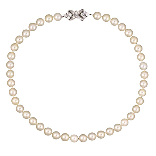 Estate 1970s White Akoya Pearl & Diamond Necklace