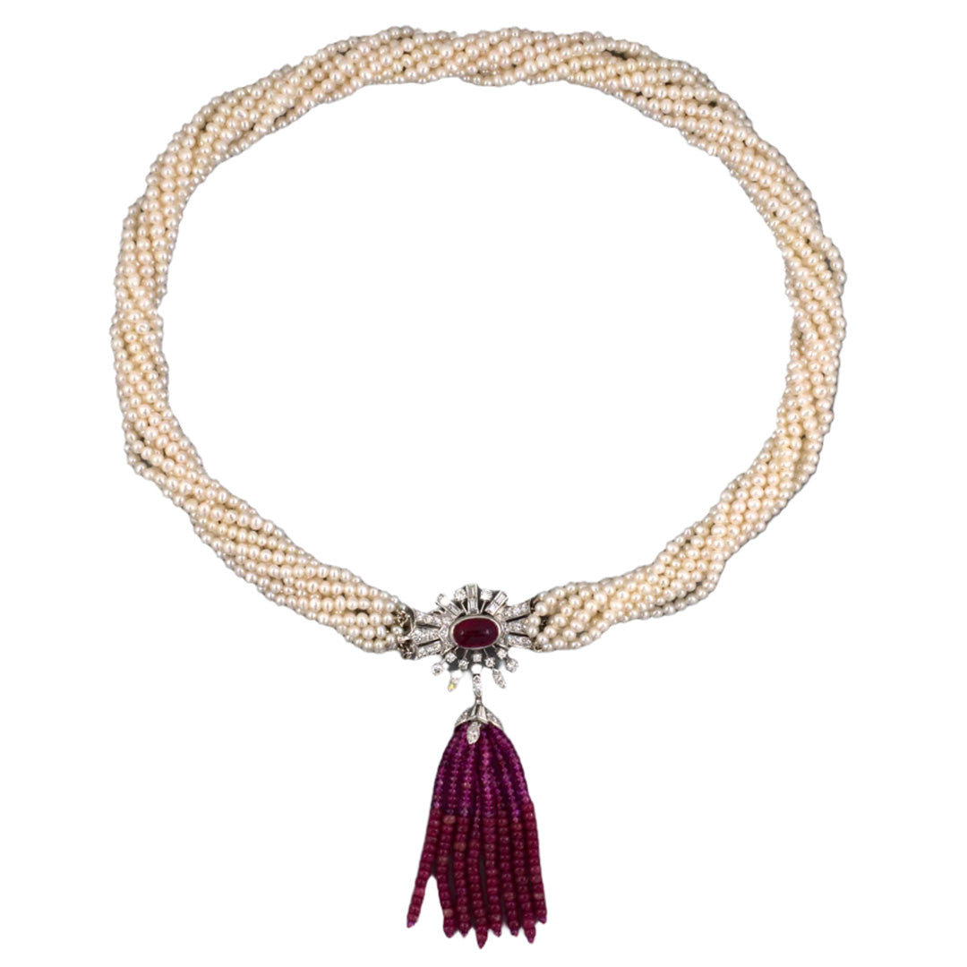 Estate 9-Strand Pearl Torsade Necklace with Rubies & Diamonds