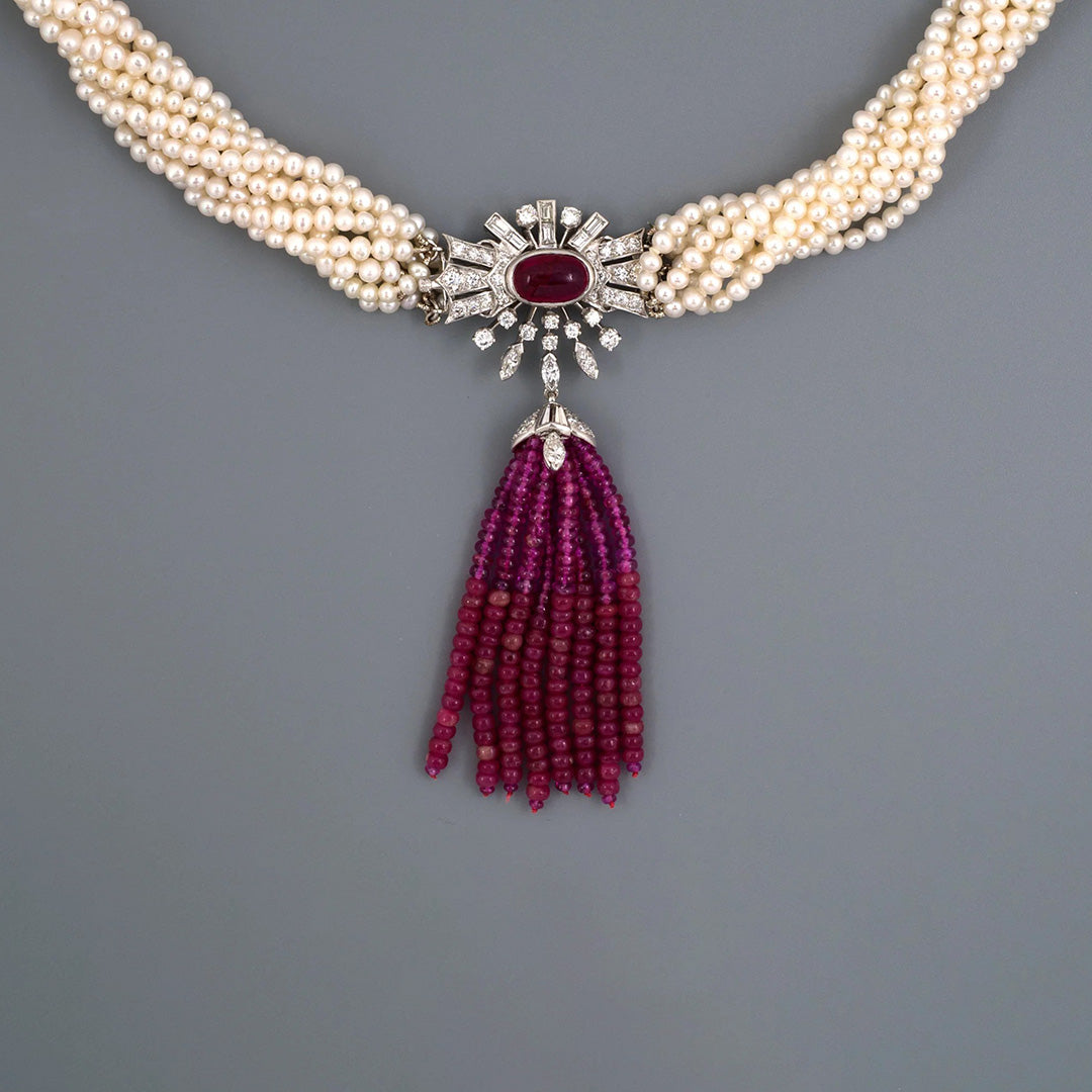 9-Strand Pearl Torsade Necklace with Rubies & Diamonds