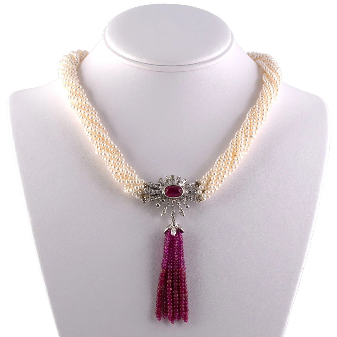 9-Strand Pearl Torsade Necklace with Rubies & Diamonds