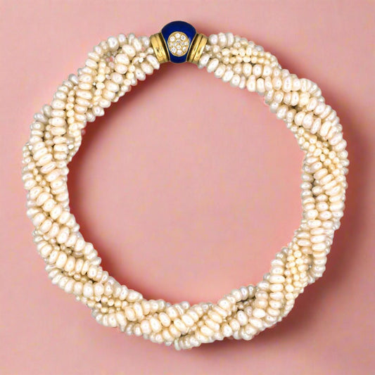 6-Strand Pearl Torsade Necklace with Sapphires, Diamonds & Blue Enamel