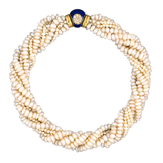 Estate 6-Strand Pearl Torsade Necklace with Sapphires, Diamonds & Blue Enamel