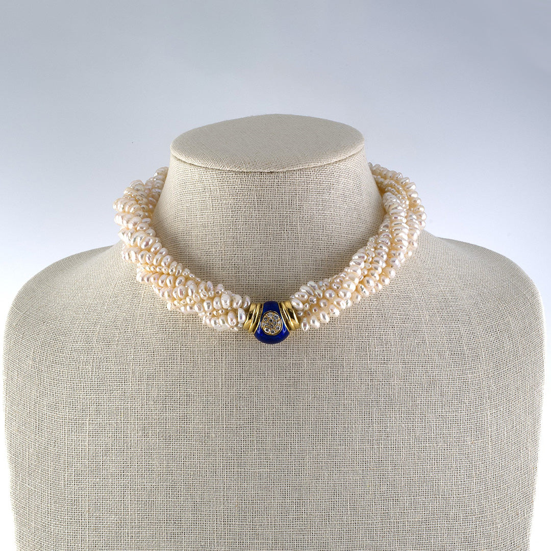 6-Strand Pearl Torsade Necklace with Sapphires, Diamonds & Blue Enamel