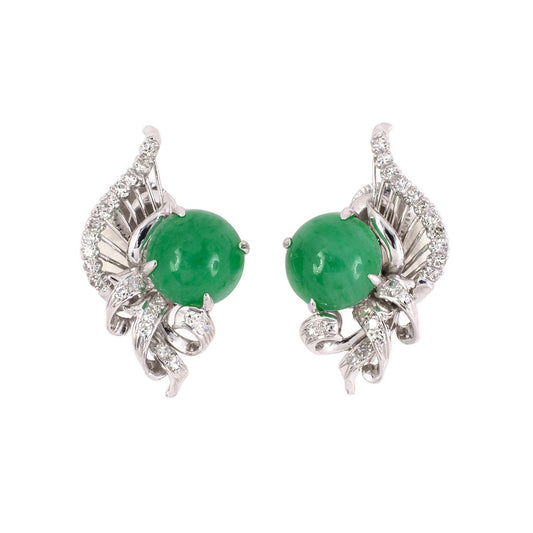 Estate Green Jadeite & Diamond Scroll Clef Earrings