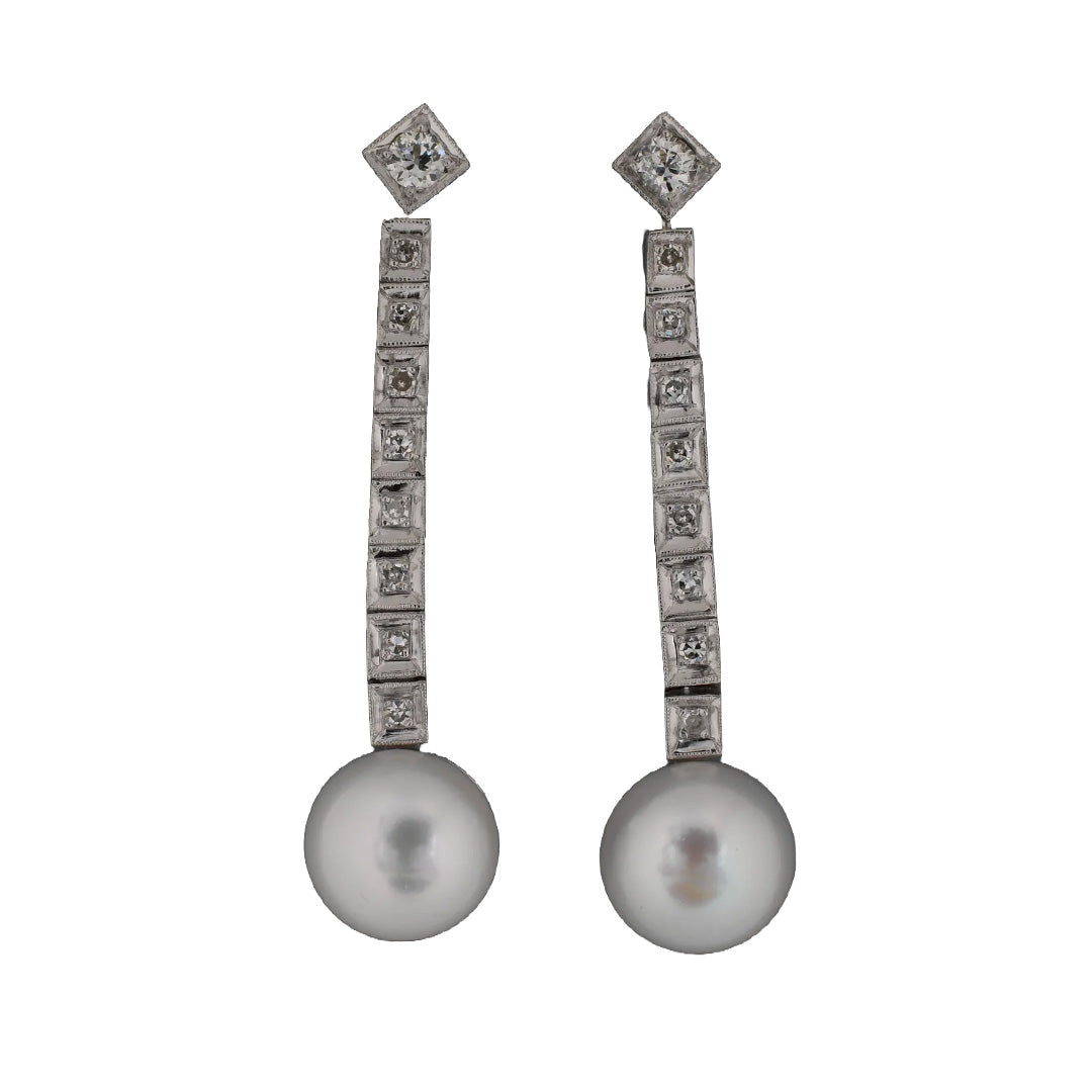 Estate Diamond & Pearl Dangle Drop Earrings