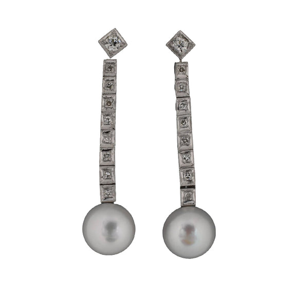 Estate Diamond & Pearl Dangle Drop Earrings