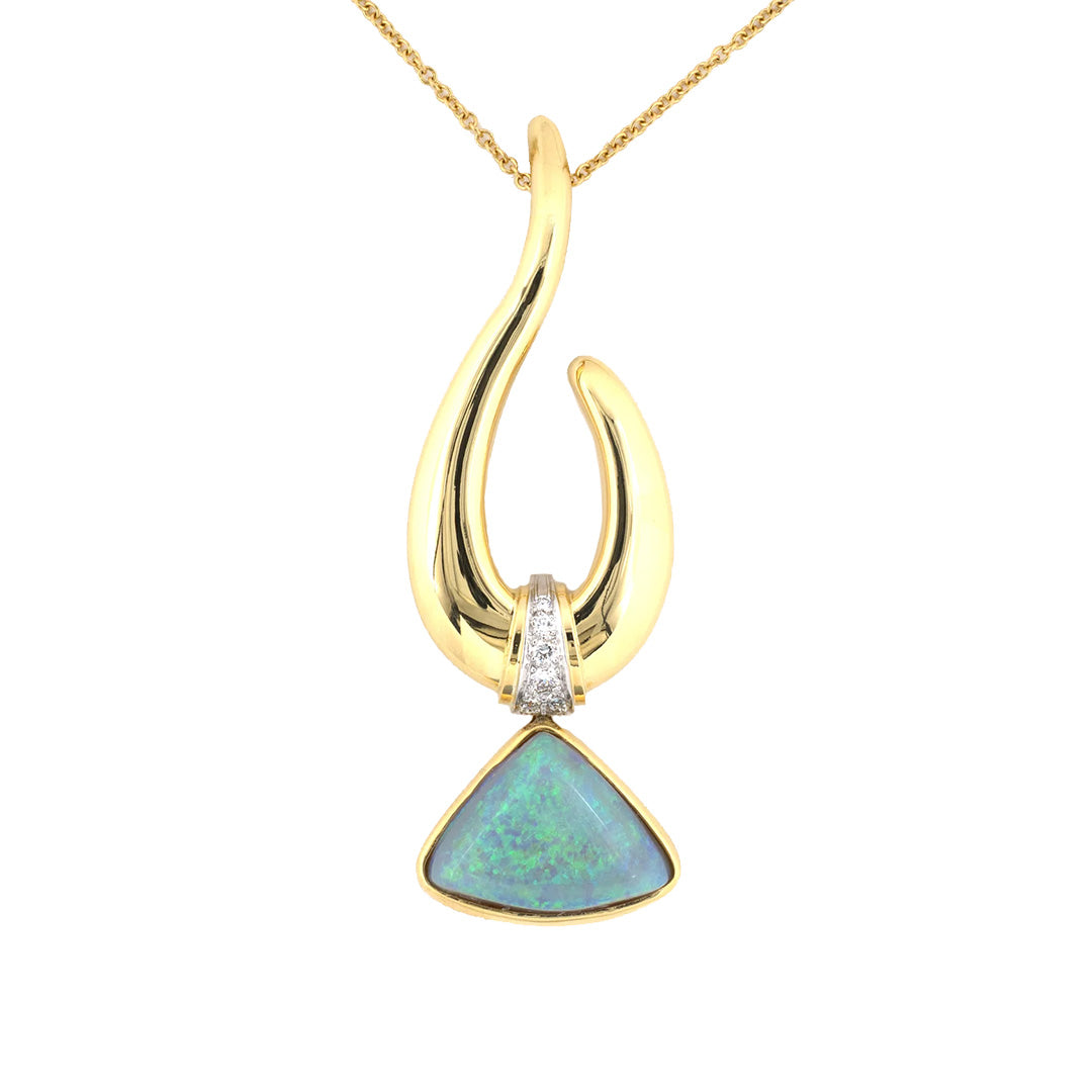 Estate Triangular Opal & Diamond Swirl Pendant Necklace