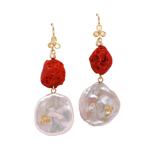 Barbara Heinrich Diamond Trillium, Red Coral & Pearl Drop Earrings