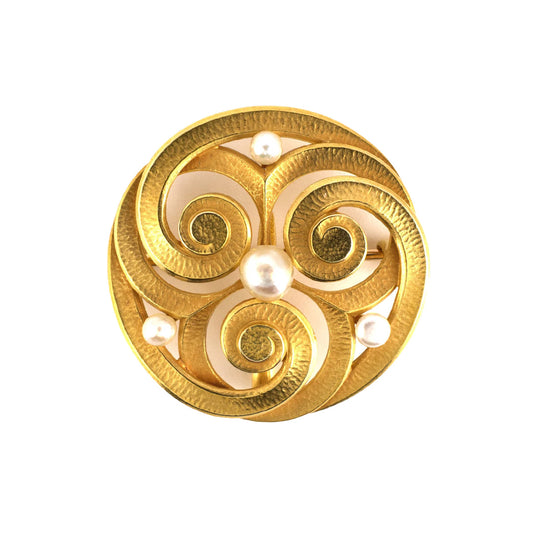 Estate Art Nouveau Pearl & Gold Swirl Pin