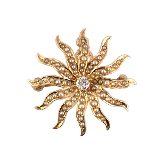 Estate Victorian Diamond & Pearl Sunburst Pin-Pendant