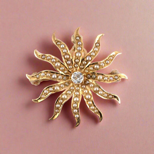 Victorian Diamond & Pearl Sunburst Pin-Pendant