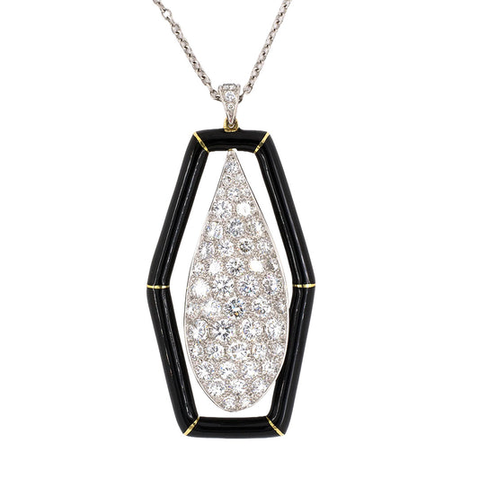 Estate Diamond & Enamel Drop Dangle Pendant Necklace