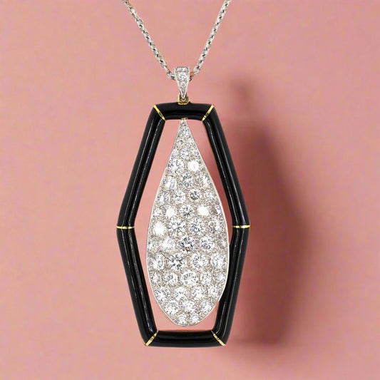 Diamond & Enamel Drop Dangle Pendant Necklace