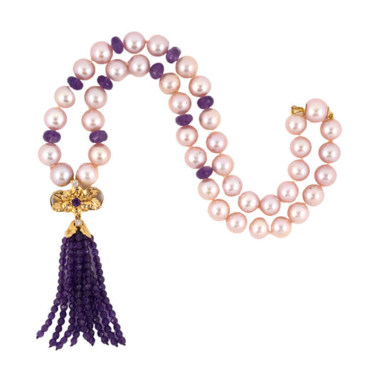 Estate Pink Pearl & Amethyst Tassel Drop Pendant Necklace