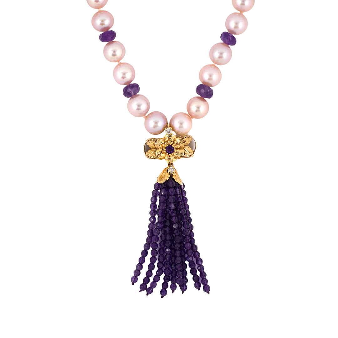 Pink Pearl & Amethyst Tassel Drop Pendant Necklace