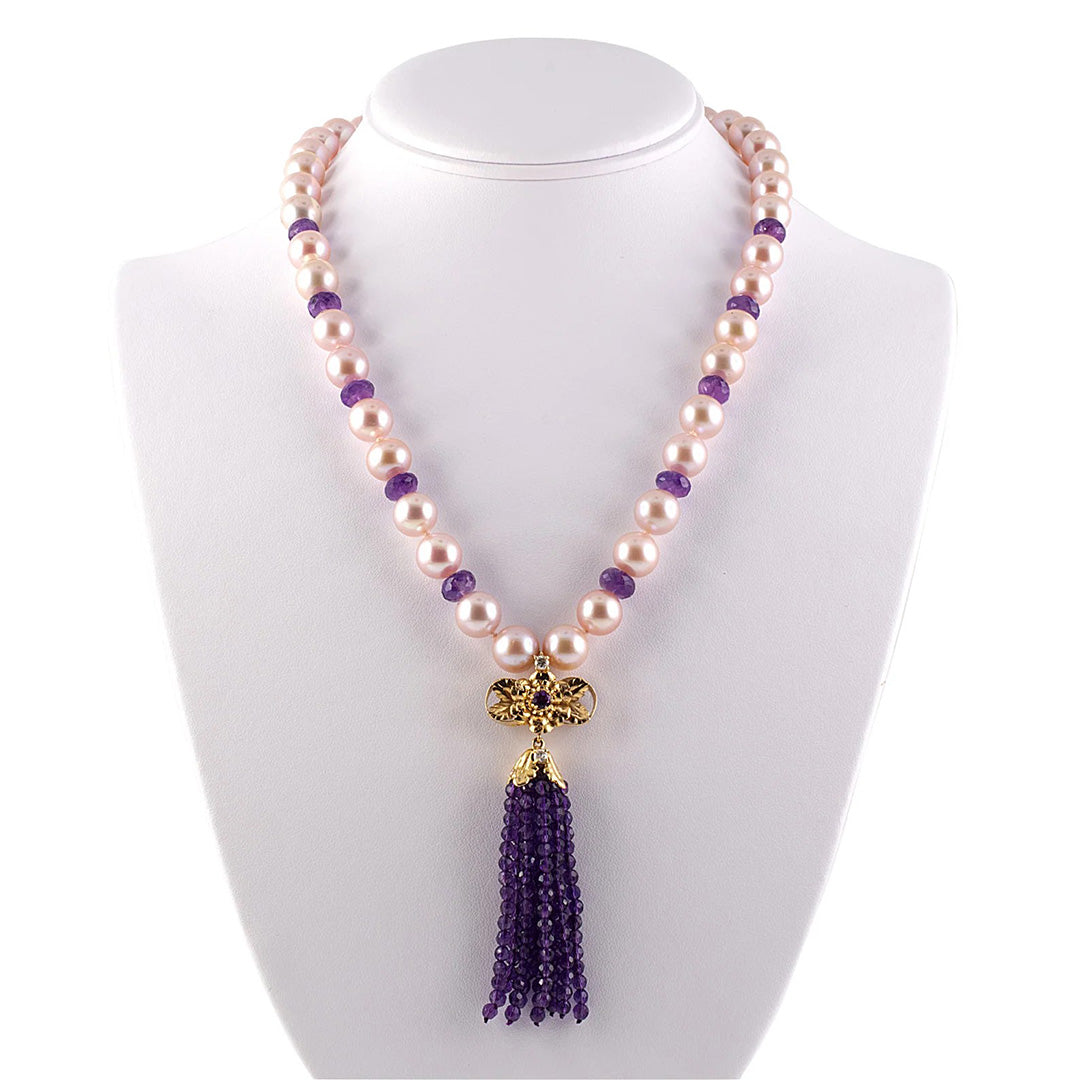 Pink Pearl & Amethyst Tassel Drop Pendant Necklace