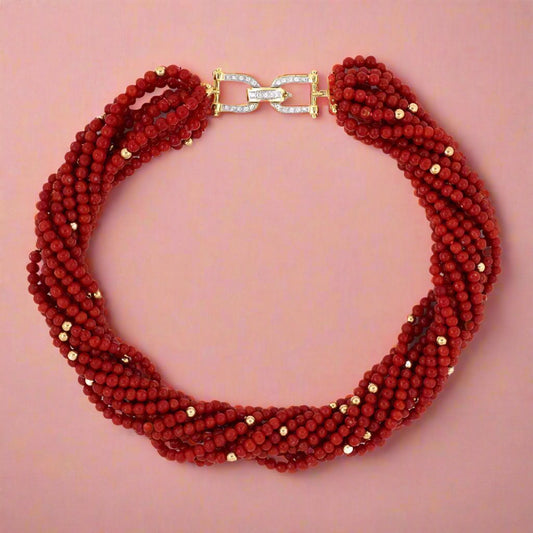 12-Strand Coral Torsade Necklace with Diamond Buckle Clasp