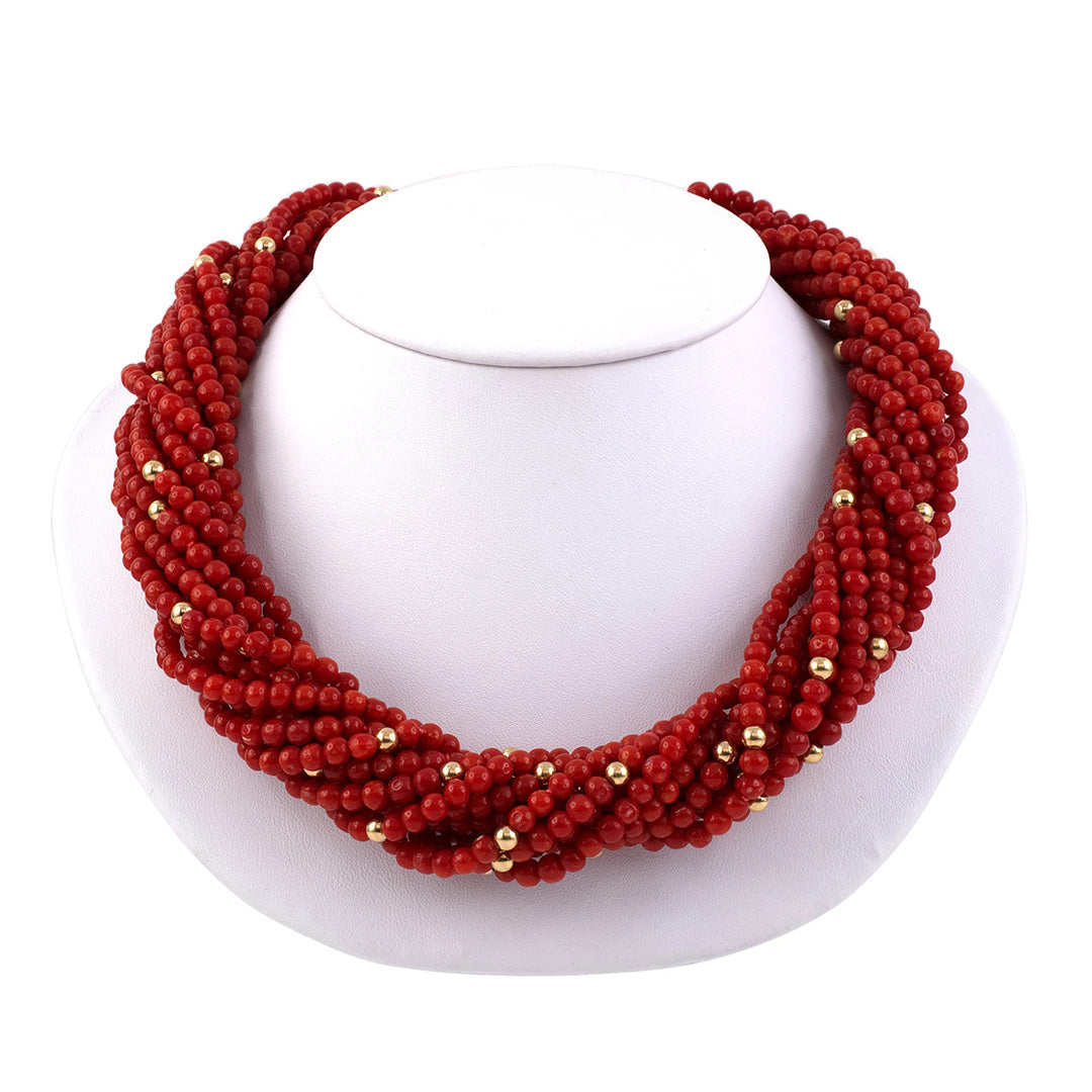 12-Strand Coral Torsade Necklace with Diamond Buckle Clasp