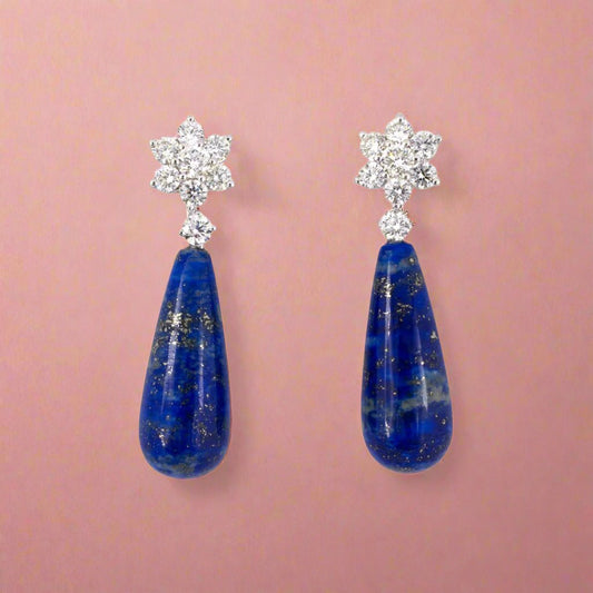 Diamond Cluster & Lapis Teardrop Dangle Earrings