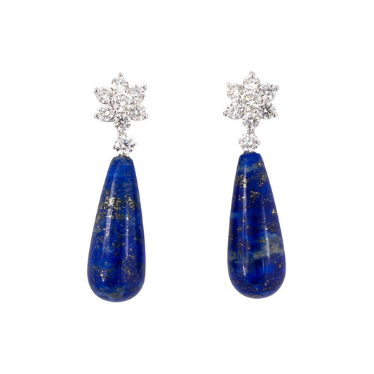 Estate Diamond Cluster & Lapis Teardrop Dangle Earrings