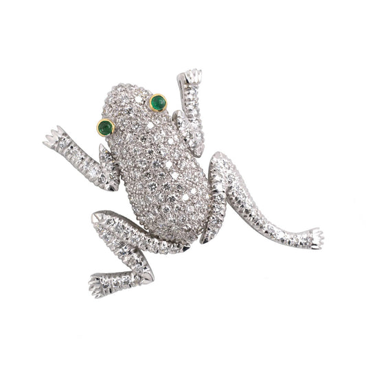 Estate Pavé Diamond & Emerald Frog Pin