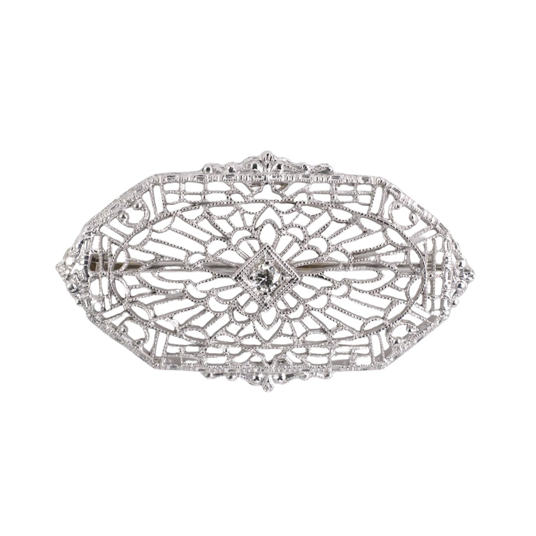 Estate Art Deco Diamond & Platinum Filigree Wide Pin