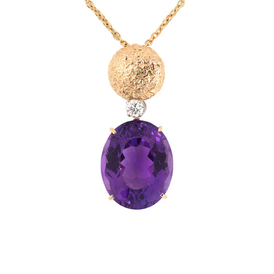 Estate Oval Amethyst & Diamond Drop Pendant Necklace