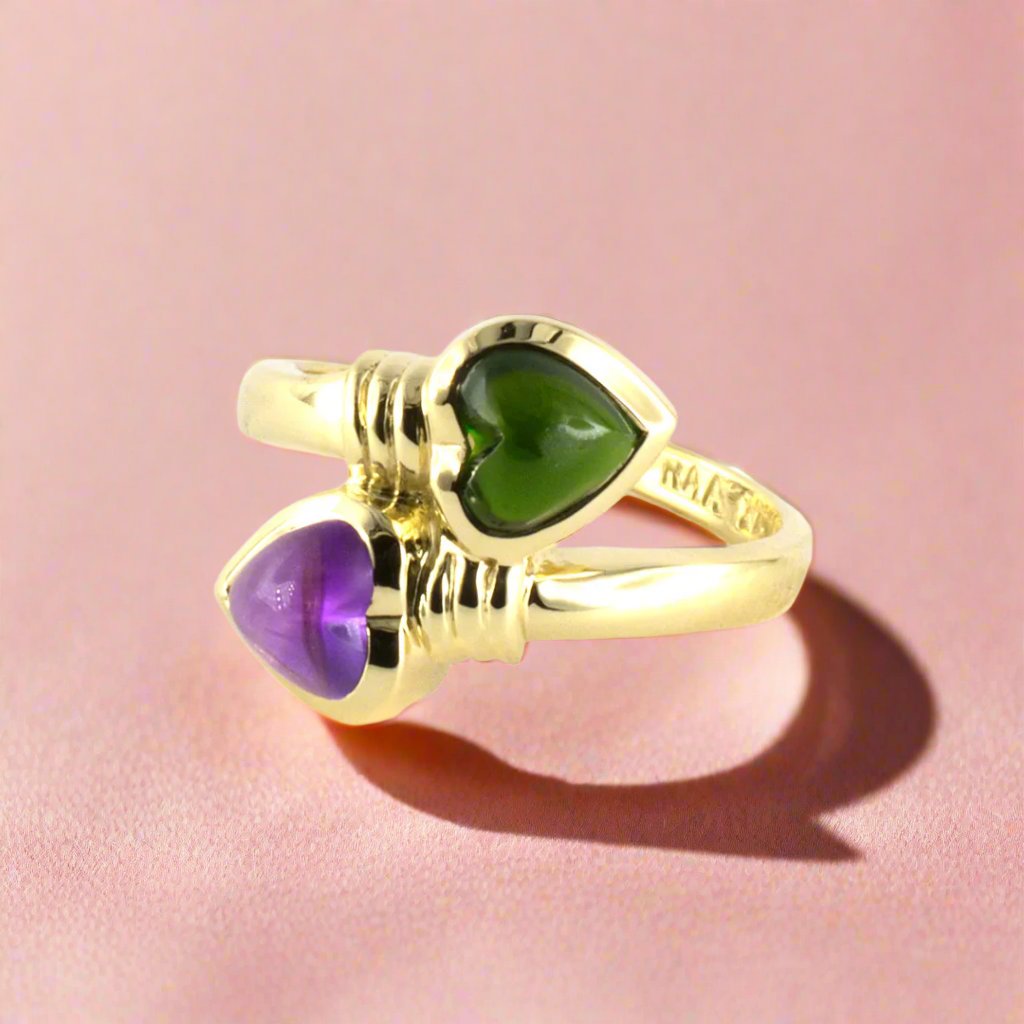 Green Tourmaline & Amethyst Heart Bypass Ring