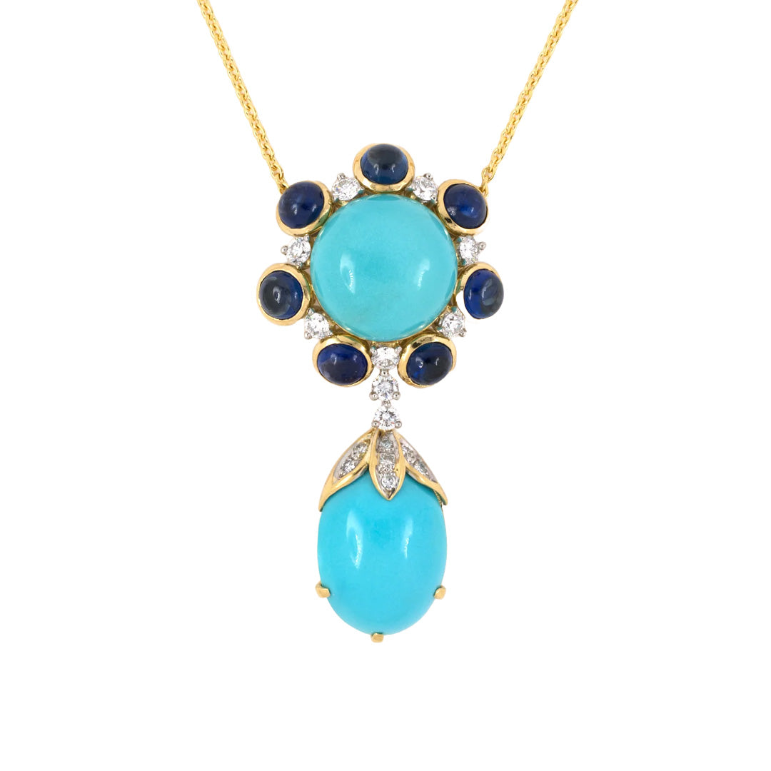 Estate Turquoise, Sapphire & Diamond Cluster Pendant Necklace