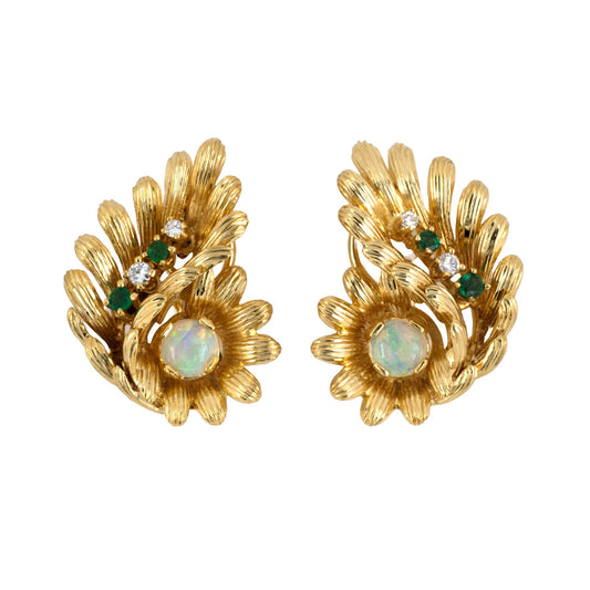 Estate Opal, Emerald & Diamond Floral Leaf Earrings