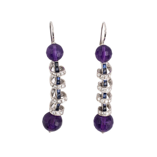 Estate Amethyst, Diamond & Sapphire Barber Pole Dangle Earrings