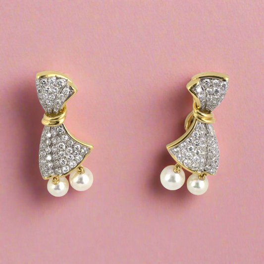 Diamond & Pearl Bow Drop Earrings