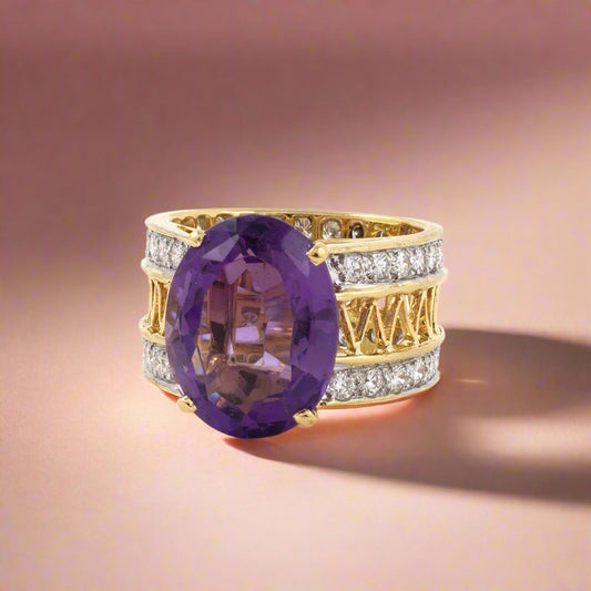 Amethyst Oval & Diamond Openwork Dinner Ring